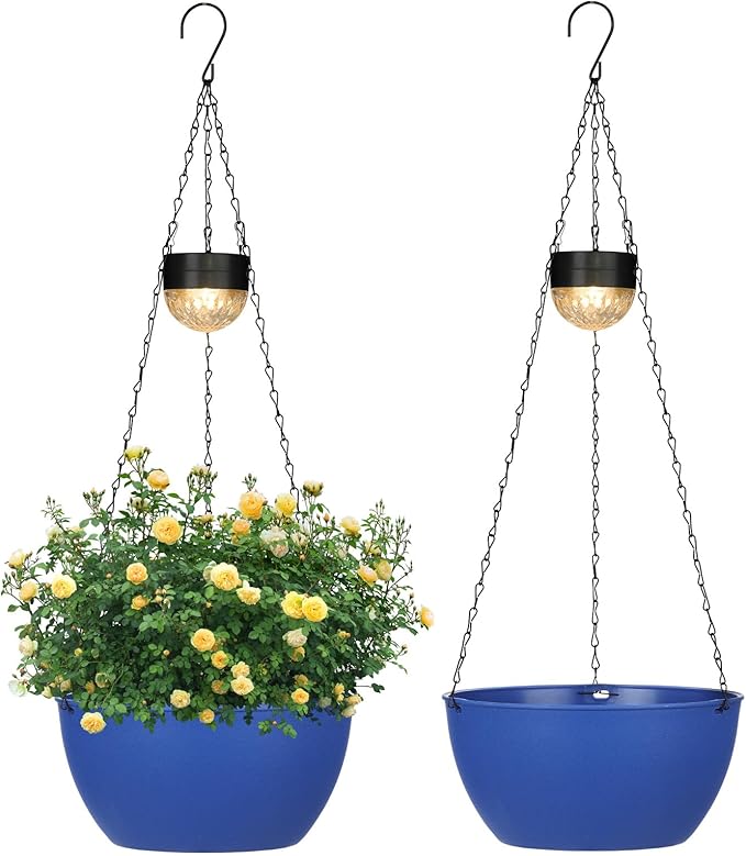 2 Packs Hanging Planters Basket for Outdoor Plants, Solar Powered Self Watering Blue Round Plastic Flower Pots with Drainer for Balcony Patio Garden Outdoor Decoration-Ruum Studio Home
