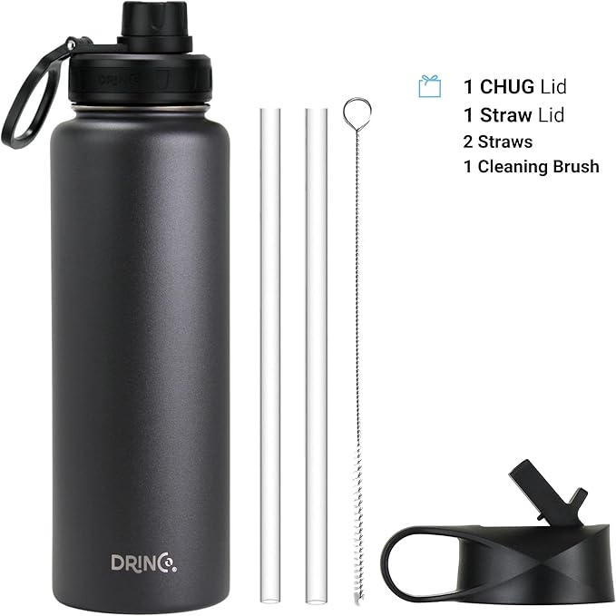 DRINCO Stainless Steel Water Bottle Spout Lid Vacuum Insulated Double Wall Water Bottles Wide Mouth (40oz 32oz 22oz 18oz 14oz) Leak Proof Keeps Cold or Hot (40 oz, 40oz Black)-Ruum Studio Home