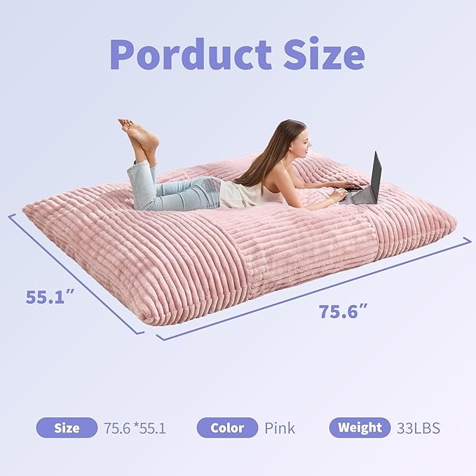 Hobestluk 3 in 1 Bean Bag Chair Giant Bean Bag Chairs Convertible Bean Bag Floor Cushion with Machine Washable Cover, Beanbag Chairs for Adult (Pink)-Ruum Studio Home