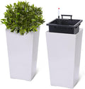22.5" Tall Planters Set of 2, Outdoor＆Indoor Black Planter Pots, High Front Porch Planter Pots with Drainage Holes＆Water Level Monitor＆Inner Bucket, Automatic Watering, White-Ruum Studio Home