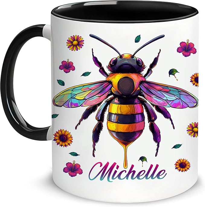 Hyturtle Personalized Colorful Bee Mug - Bee Keeper Gifts For Women Lovers Teacher - Honey Gifts For Beekeeper Farmer On Birthday - Queen Honeycomb Decor - Custom Coffee Cup Ceramic Mug 11 Oz 15 Oz-Ruum Studio Home