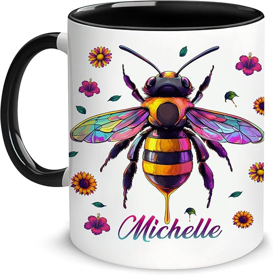 Hyturtle Personalized Colorful Bee Mug - Bee Keeper Gifts For Women Lovers Teacher - Honey Gifts For Beekeeper Farmer On Birthday - Queen Honeycomb Decor - Custom Coffee Cup Ceramic Mug 11 Oz 15 Oz-Ruum Studio Home