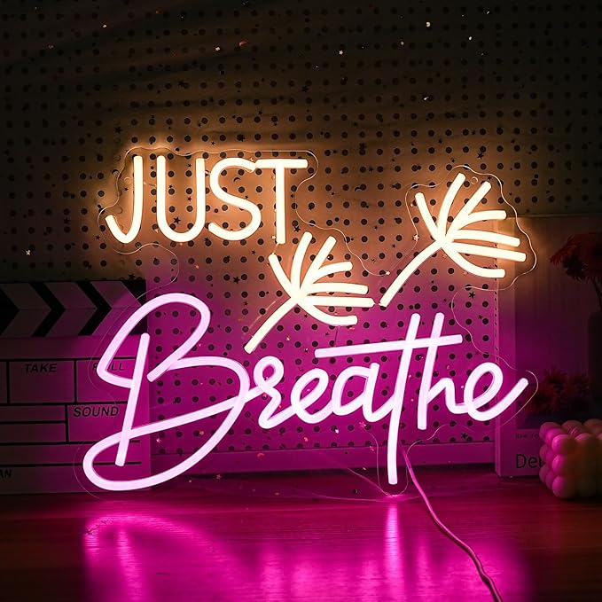 Just Breathe Neon Sign Dimmable Breathe Neon Signs Light Up Sign for Wall Decor LED Letters Neon Light by USB for Bedroom Yoga Studio Gym Reading Room(12.6 * 16.5In)-Ruum Studio Home