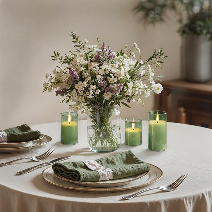 Homemory Green Glass Flameless Candles, Battery Operated LED Pillar Candles with Remote Control and Timer, Radiance Candles, Real Wax, Set of 3,D3 xH4 5" 6"