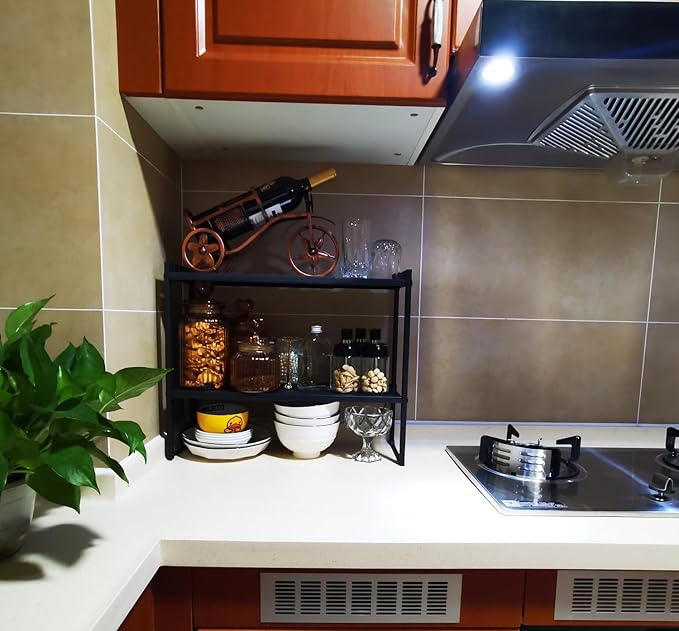 2 Tier Expandable Cabinet Shelf Organizer 14.5-25" L Kitchen Counter Shelf Rack Stand Sink Riser Countertop Storage Black (Normal 7.9”D)-Ruum Studio Home