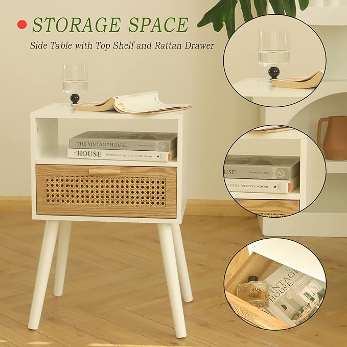 MaxSmeo White Nightstand with Drawer, Mid Century Modern Nightstand, Rattan Side Table, End Table with Storage for Living Room, Bedroom and Small Spaces, Easy Assembly (White)-Ruum Studio Home