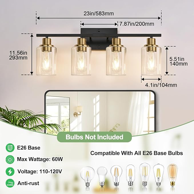 4-Light Bathroom Light Fixtures, Black and Gold Modern Vanity Lights with Clear Glass Shades, Bathroom Wall Lamp for Mirror Living Room Cabinet Bedroom Porch-Ruum Studio Home