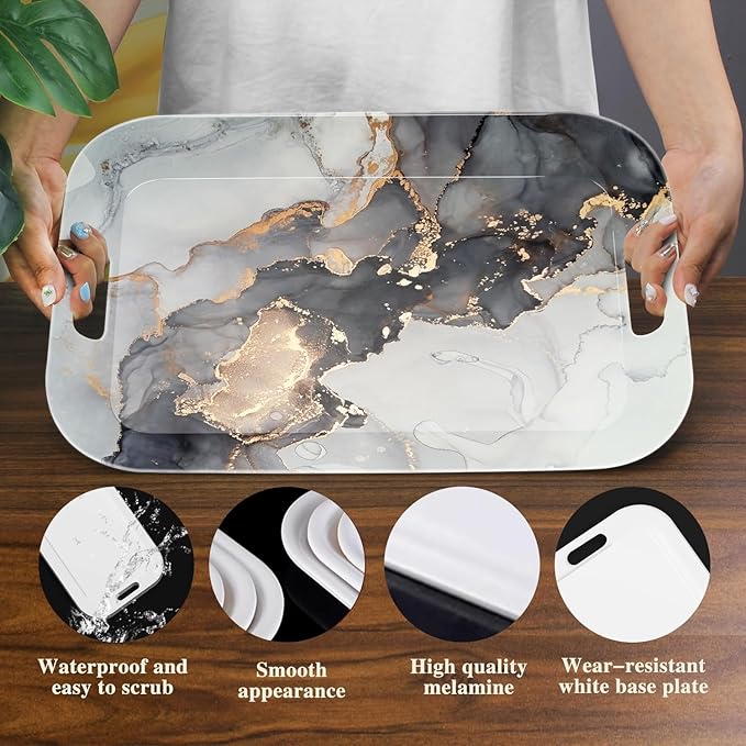 Serving Trays with Handles, 14.5 x 9.8 inch Rectangular Plastic Tray for Restaurant, Kitchen, Gray and Golden Marble-Ruum Studio Home