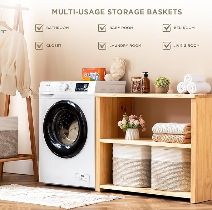 joybest Cube Storage Bins Set of 4, 13inch Cube Baskets Organizer for Nursery, Square Cotton Rope Baskets for Shelves Organizing, Kids Toy, Closet Storage, Brown and Cream White-Ruum Studio Home