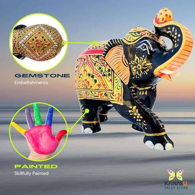 Handcrafted Wooden Elephant Figurine – Traditional Artwork, Gold & Gemstone Embellishments – Lucky Decorative Elephant Statue for Prosperity | Beautiful Elefantes Decorativos para Sala (Black & Gold)-Ruum Studio Home