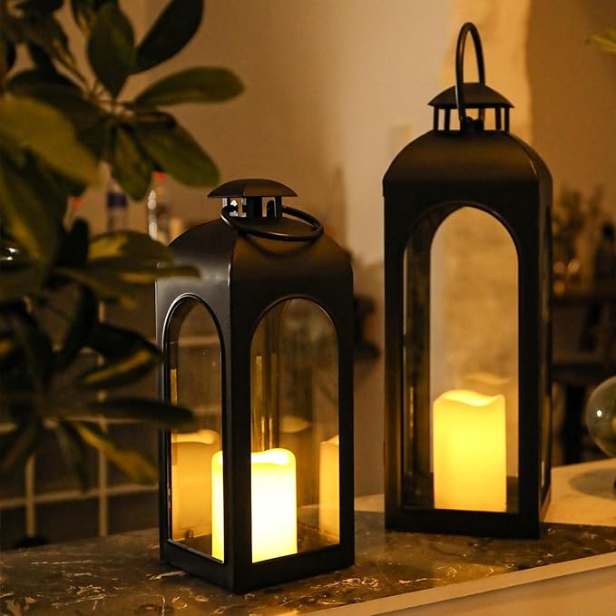 Bdor 2 Pack 16 Inches Metal and Tempered Glass Decorative Lantern with Electronic Wax Effect - Indoor/Outdoor Decorative Lighting, Handcrafted Aesthetic, Perfect for Home, Parties, and Holiday Decor-Ruum Studio Home