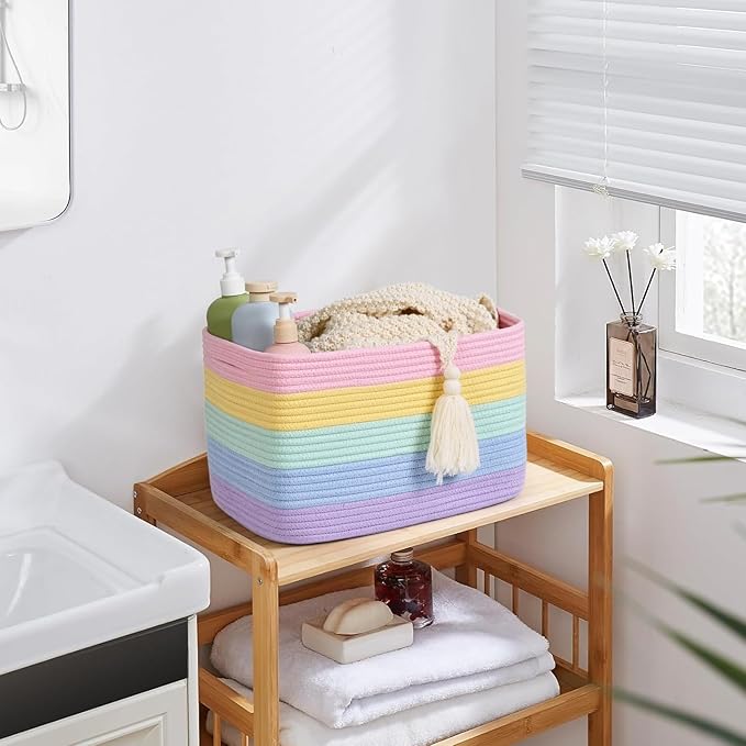 Shelf Baskets for Organizing, Woven Storage Basket for Shelves，Cotton Rope Storage Bins for Toys Books, Nursery Towel Baskets for Classroom, 14.96"X9.8"X8.85", 3-Pack Pastel Rainbow-Ruum Studio Home