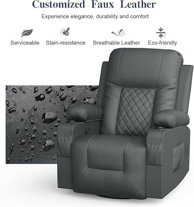 Recliner Chairs for Adults, Massage Rocker with Heated Modern Ergonomic Lounge 360 Degree Swivel Single Sofa Seat Living Room Lounge Recliners Gray-Ruum Studio Home