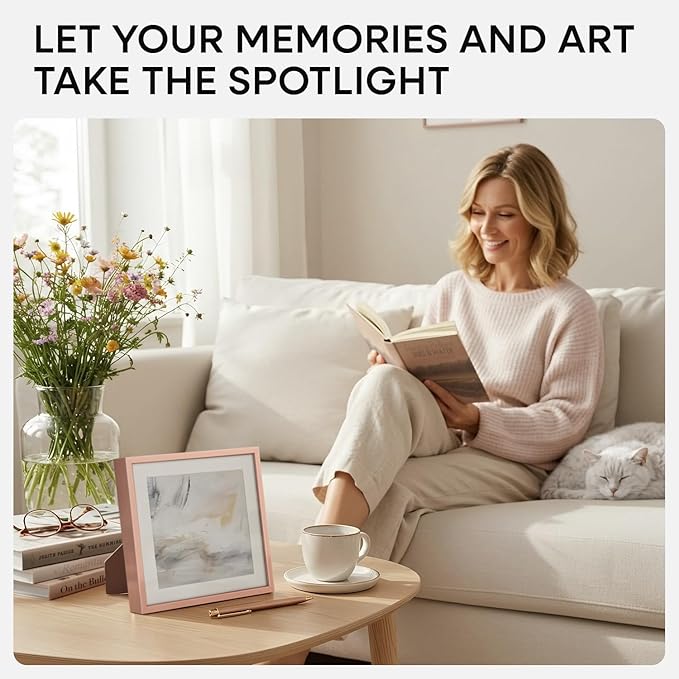Homeforia Rose Gold Frame 8x8, High End Metal 8 x 8 Square Picture Frames with Mat 6 x 6 Art, 8x8 Photo Frame Matted to 6x6 inch Print, 8by8 Wall or Tabletop Frames, Tempered Glass, Wall Kit, Set of 1-Ruum Studio Home