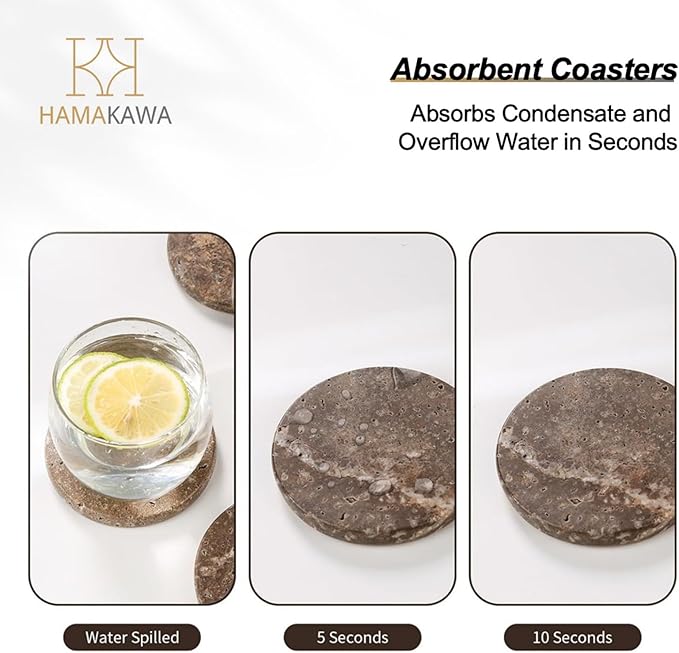 Marble Coasters Set of 4, Natural Gray Stone 4 Inch/10 cm, Modern Round Travertine Drink Coasters for Home Decor, Coffee Table, Office-Ruum Studio Home