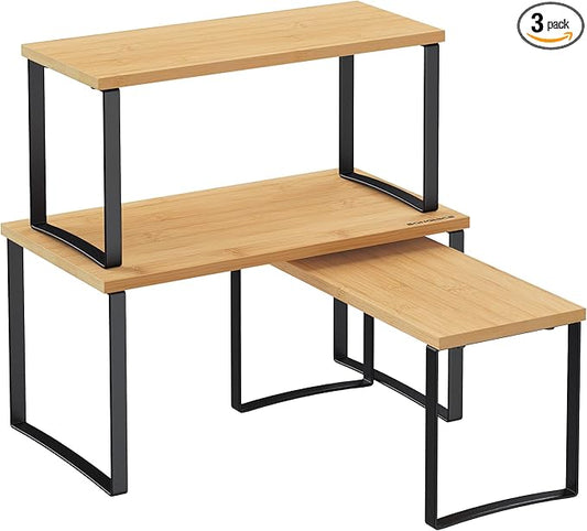 SONGMICS Cabinet Organizer Shelf, Set of 3 Kitchen Counter Shelves, Kitchen Storage, Spice Rack, Stackable, Expandable, Ink Black and Natural Beige UKCS014B01-Ruum Studio Home