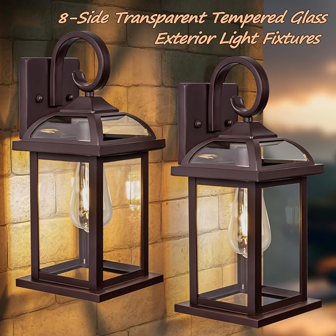 Bronze Outdoor Wall Lanterns Aluminum Anti-Rust Porch Lights 2-Pack, Exterior Light Fixtures IP65 Waterproof Clear Glass Brown Outdoor Sconces Lamps Wall Mount, Oil Rubbed Bronze-Ruum Studio Home
