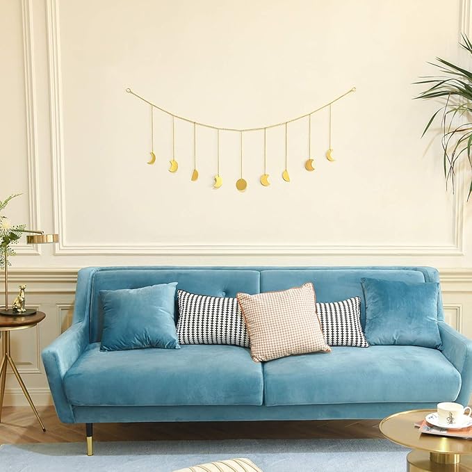 Mkono Moon Phase Wall Hanging Boho Aesthetic Room Decor Metal Moons Garland Hanging Art Bohemian Home Decoration for Girls Room Nursery Bedroom Livingroom Dorm, Ideal, Gold, 50"-Ruum Studio Home