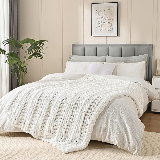 Esterra Chunky Knit Blanket Throw, 100% Handmade Chenille Throw Blanket 40"x50", Soft Thick Yarn Cable Knit Crochet Throw Blanket Rope Knot Throw for Couch Bed Sofa, Bright White-Ruum Studio Home