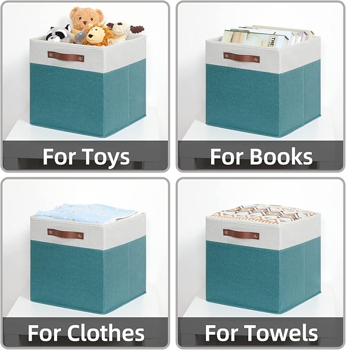 HNZIGE Fabric Storage Bins for Shelves 13x13 Storage Cubes Set Of 4 Foldable Storage Baskets with Handles for Organizing Cloth Closet Toy Nursery(Teal&White)-Ruum Studio Home