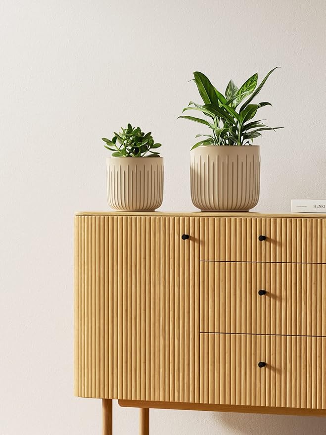 LE TAUCI Fluted Ceramic Planters Set of 3 – 8.3/7 / 5.7 in Cloud Cream Reactive Cylinder Indoor Plant Pots with Drainage Plug & Mesh, Glossy Stoneware Flower Pots for Succulents Herbs-Ruum Studio Home