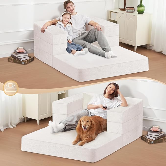 Folding Bean Bag Chair for Adults,3-in-1 Bean Bag Couch Faux Fur Floor Sofa Large Beanbag Convertible Bean Bag Sofa Bed with Pillow in Bedroom,Living Room,Apartment(Twin,Milky White)-Ruum Studio Home