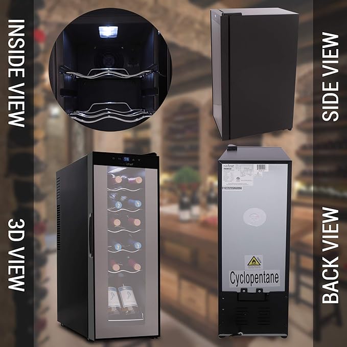 NutriChef PKCWC120 White & Red Cooler-Freestanding Countertop Compact Mini Wine Fridge Chiller Capacity, Digital Control, Glass Door, 12 Bottle-Black-Ruum Studio Home