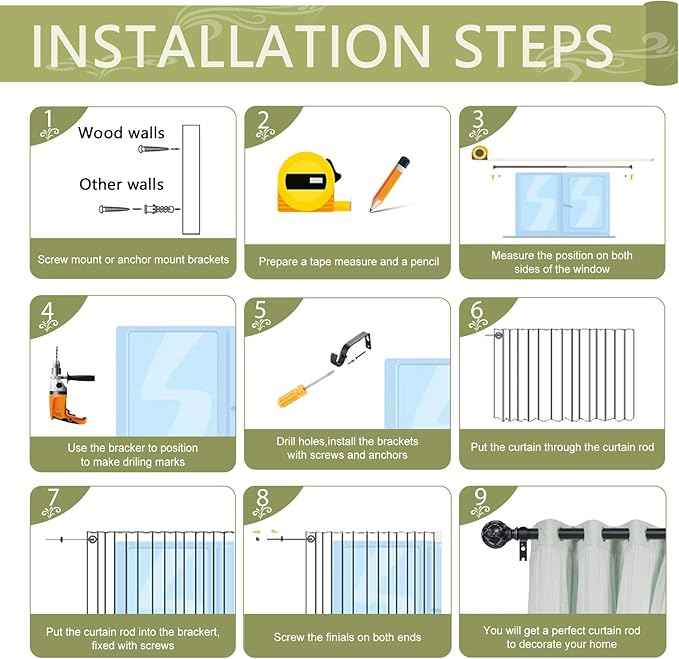 Black Adjustable Curtain Rods for Windows:18-45" Farmhouse Heavy Duty Curtain Rod for Bedroom Living Room,Boho Decorative Rustic Drapery Rods with Vintage Coastal Texture Finial,Matte Black-Ruum Studio Home