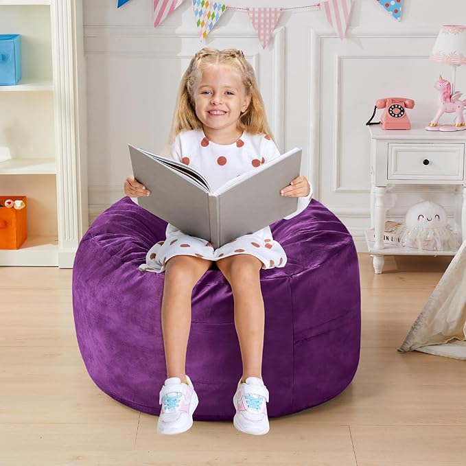 Bean Bag Chairs for Kids - Memory Foam Furniture BeanBag Chair - Kids/Teens Sofa with Soft Micro Fiber Cover - Round Fluffy Couch for Living Room Bedroom College Dorm - 2.5 ft, Purple-Ruum Studio Home