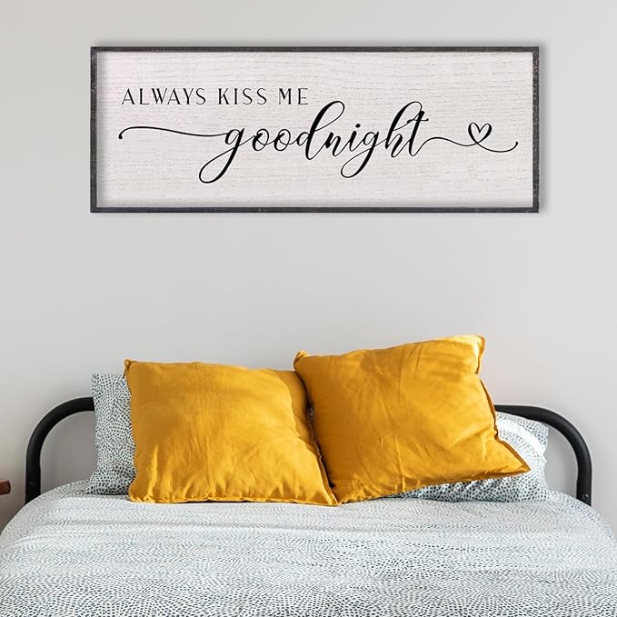 LuZhiQiang Above Bed Love Theme Wall Decor Always Kiss Me Goodnight Sign 40"×15" Wood Framed for Master Bedroom Over Bed Wall Art (Black)-Ruum Studio Home