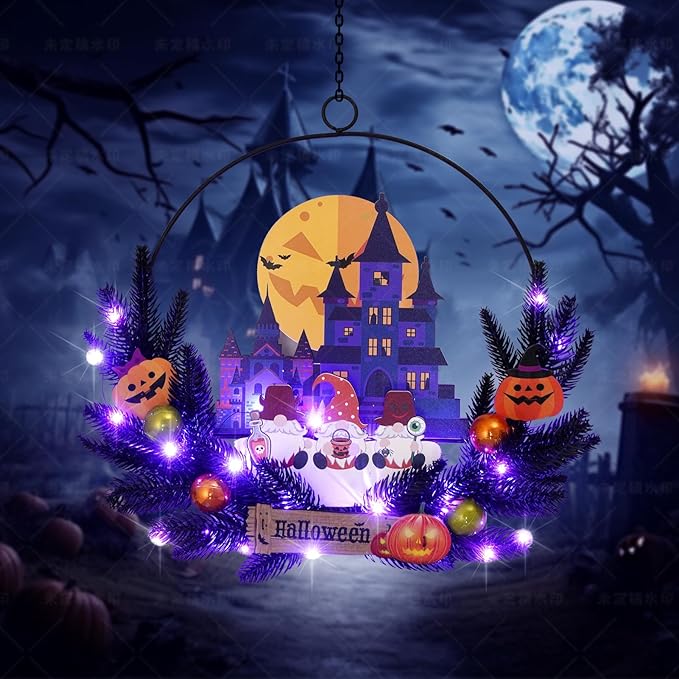 Lighted Halloween Wreaths for Front Door, Welcome Metal Wooden Door Wreath Decor Hanging Sign, 30 LED Lighted Wall Decor Battery Operated for Halloween Indoor Outdoor (Dwarf)-Ruum Studio Home