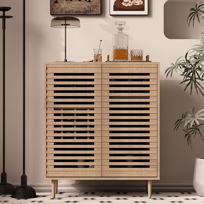 Mid Century Bar Cabinet with Wine Racks, Modern Liquor Cabinet with Slatted Doors for Dining Room, Living Room (Natural Color)-Ruum Studio Home