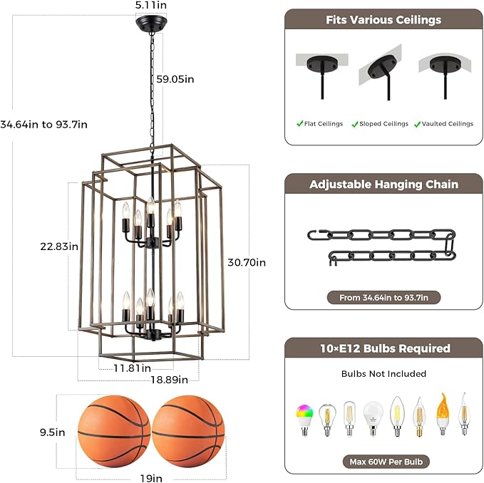 30" Black Farmhouse Chandelier, 10-Light Foyer Lighting Fixtures, Lantern Tiered Pendant Light Fixtures, Metal Wood Grain Finish Rustic High Ceiling Chandelier for Dining Room Entryway Staircase-Ruum Studio Home