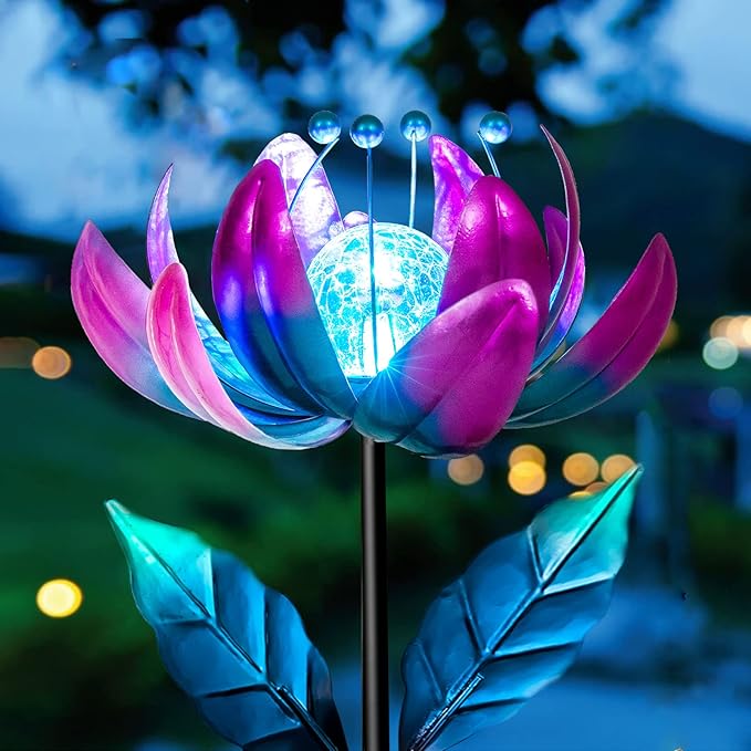 Solar Purple Metal Flower Wind Spinners, Colorful Spinning Windmill Lotus Yard Art Lights Wind Pinwheels with LED Crystal Ball Decorative Stake Lighting Flower Sculpture-Ruum Studio Home