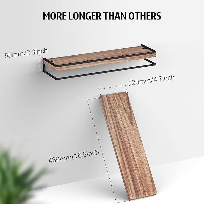 Meangood Floating Shelves Wall Mounted Set of 2, Wall Shelf with Towel Bar Rustic Wood Wall Storage Shelves for Bedroom,Living Room,Bathroom, Kitchen Torched Wood-Ruum Studio Home