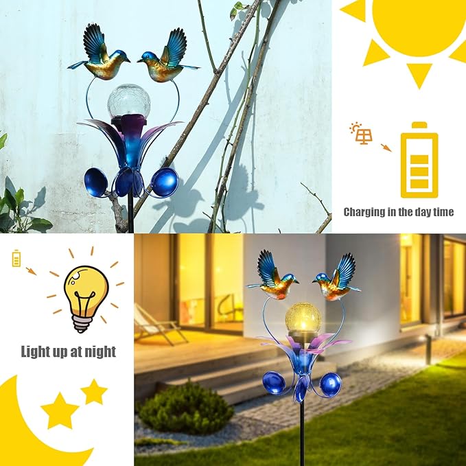 VCUTEKA Solar Lights Outdoor Metal Garden Stake Waterproof Crackle Glass Globe Garden Decor Blue Jay Bird for Pathway, Lawn, Patio, Yard-Ruum Studio Home