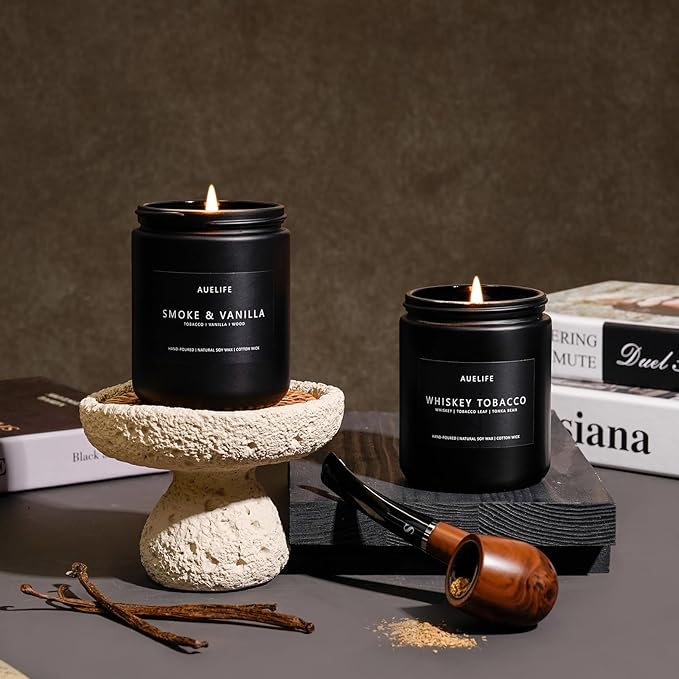 2 Pack Candle | Smoke & Vanilla + Whiskey Tobacco - Candles for Men - Masculine Candle, Soy Candles for Home Scented - Gifts for Men, Home Fragrance Manly Gifts - Each of 7oz-Ruum Studio Home