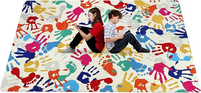 STARUIA Large Kids Rug for Playroom, 8'x10' Handprints and Footprints Colorful Rug for Classroom, Non-Slip Washable Rugs for Nursery, Soft Throw Carpet Indoor Playmat for Kids Room Dorm Bedroom-Ruum Studio Home