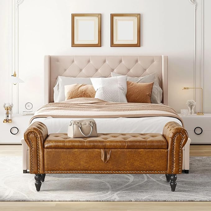 Furniliving Storage Ottoman Bench, Leather Benches End of Bed Bench with Solid Wood Legs Upholstered Ottoman Bench with Storage Indoor Bench for Living Room with Rolled Arm, Entryway, YellowBrown-Ruum Studio Home