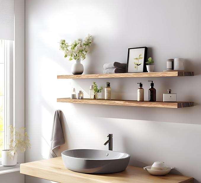 Wood Floating Shelves for Wall Decor, Rustic Wall Shelves for Bedroom Bathroom Kitchen Living Room, Set of 4 Light Walnut 48 Inch-Ruum Studio Home