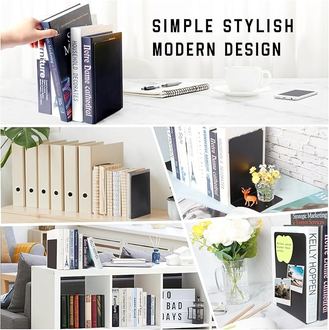 VONDERSO Metal Bookends, 4 Pairs Black Metal Book Ends Heavy Duty for Shelves Decor Home Office, Unique Black Bookends Supports Anti-Slip for Kids-Ruum Studio Home