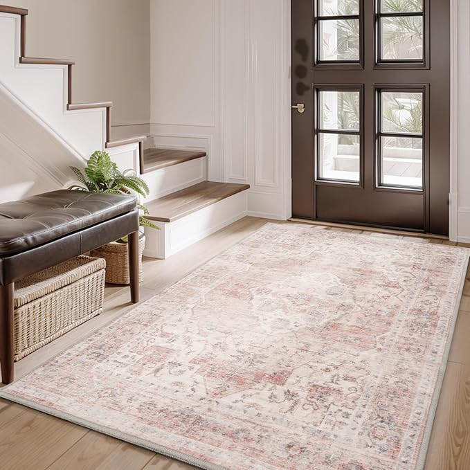 AMOAMI-3X5 Area Rug-Soft Washable Vintage Throw Accent Rugs for Living Room, Entryway, Bedroom, Kitchen, Bathroom, Laundry Room, Kitchen, Bathroom, Bedside, No Slip Pink-Ruum Studio Home