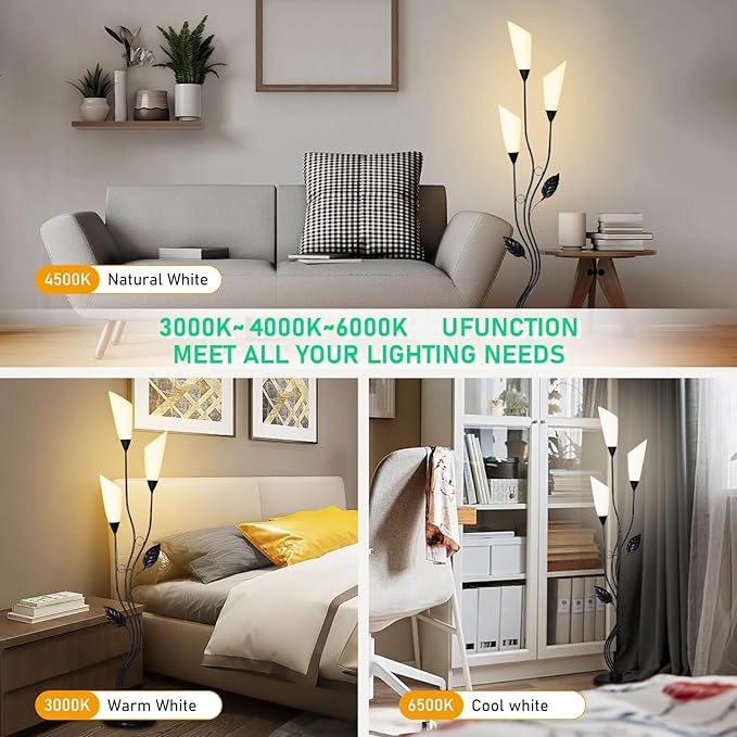 JBZ Flower Floor Lamp for Living Room, 62" Tall Pole Lamp with Foot Switch, with 3 Heads Dimmable LED Lamps for Farmhouse Rustic Bedroom Office, with Plug and 1200LM, 3 Color Temperatures E27-Ruum Studio Home