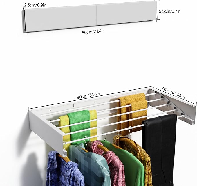 Wall Mounted Drying Rack for Laundry 31.5'', Folding Drying Rack Clothing Wall Mount with 5 Rods, Space Saving for Indoor Outdoor Bathroom Balcony (White 31.5")-Ruum Studio Home