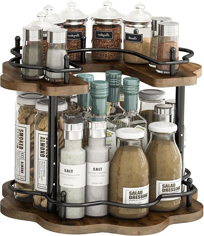 2 Tier Lazy Susan Organizer,2-Tier Spinning Spice Rack with Stable Carousel Base & 4 Height Settings for Cupboard Kitchen Countertop Dining Table Cupboard (Petal Shape)-Ruum Studio Home