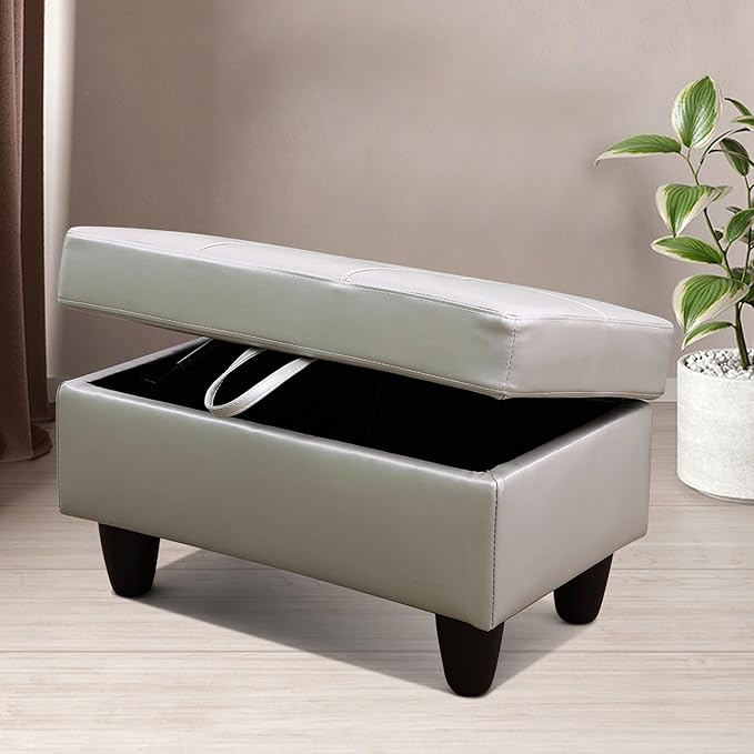 Ottoman Rectangular Storage Ottoman Bench, Faux Leather Footrest, Coffee Table, Stool Footstool with Hinged Lid for Living Room, Bedroom, Entryway, Silver Gray, 28.5"x19"x17.5"-Ruum Studio Home