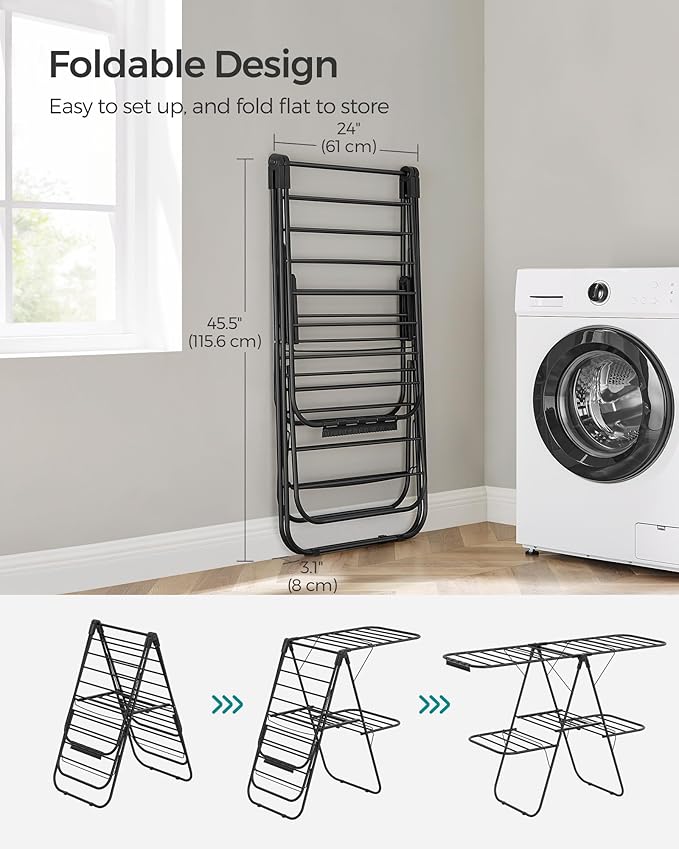 SONGMICS Clothes Drying Rack, Foldable 2-Level Laundry Drying Rack, Free-Standing Laundry Airer, with Height-Adjustable Wings, 33 Drying Rails, Sock Clips, Black ULLR053B01V1-Ruum Studio Home