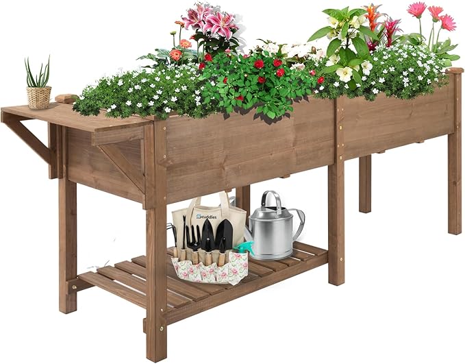 Raised Garden Bed with Legs Outdoor,Elevated Garden Box,Storage Shelf, Protective Liner for Backyard,Patio,Balcony,80x23x30in (Brown)-Ruum Studio Home