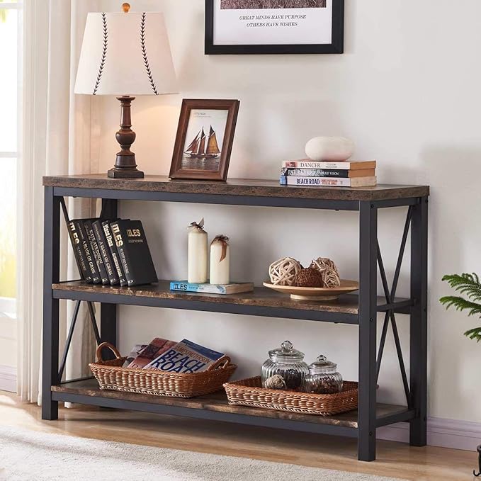 BON AUGURE Industrial Sofa Console Table for Entryway, 3 Tier Foyer Table for Hallway, Rustic Hall Tables Behind Couch (47 Inch, Rustic Brown)-Ruum Studio Home