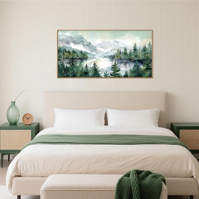 Celestdeco Watercolor Mountain Framed Canvas Wall Art Set, Boho Forest Wall Decor, Nature Green Pines Wall Painting, Forest Wilderness Artwork for Living Room, Bedroom, Dining Room, Office - 20"x40"x1-Ruum Studio Home